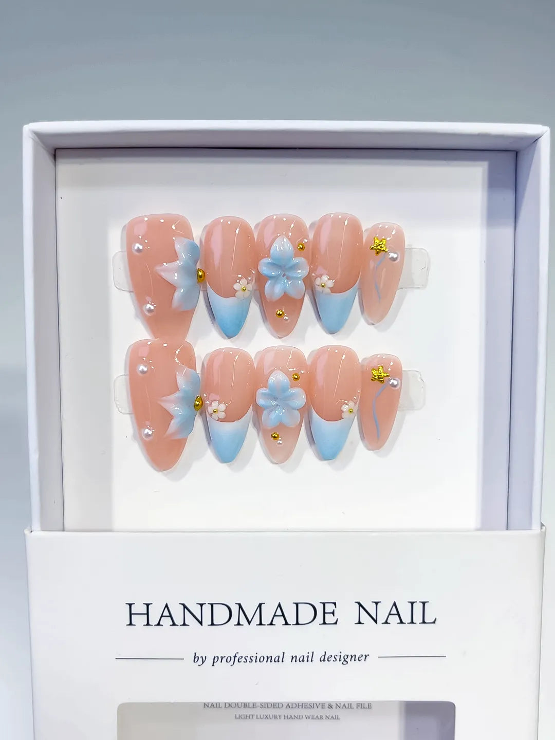 Nude Blue French tip Flower Star Rhinestone press on nails full set view