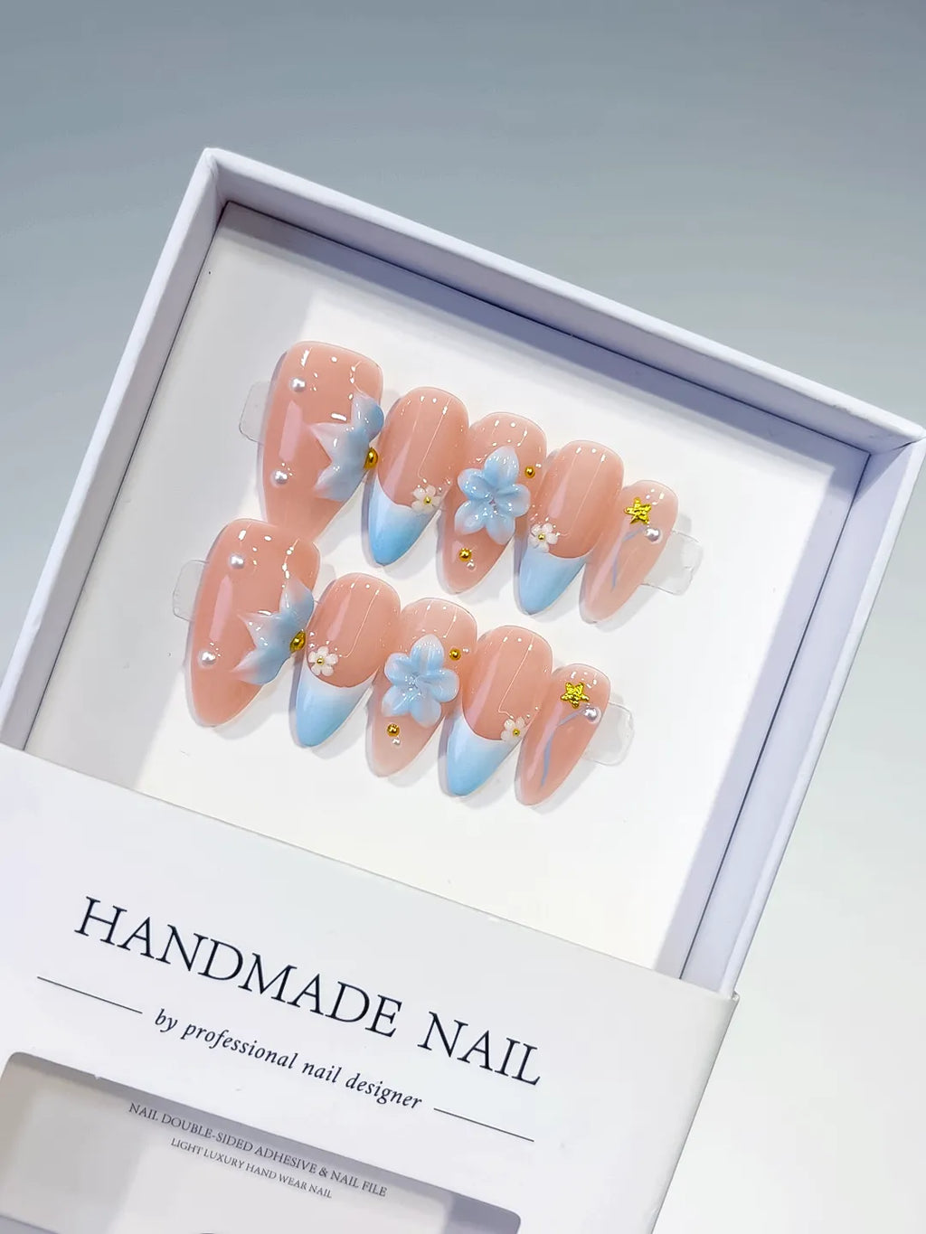 Nude Blue French tip Flower Star Rhinestone press on nails