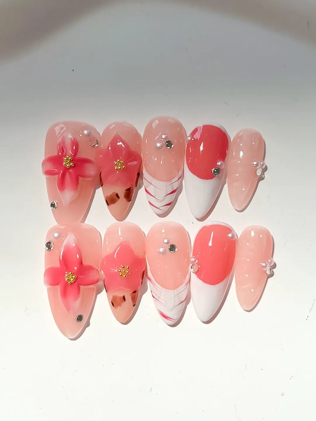 Nude Orange White Brown French tip Flower Animal Print Rhinestone press on nails close up