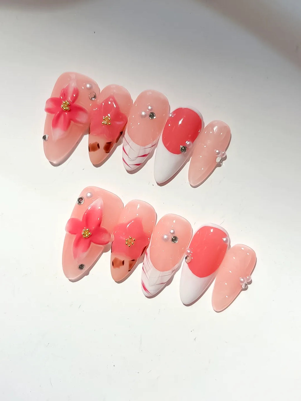 Nude Orange White Brown French tip Flower Animal Print Rhinestone press on nails detail view
