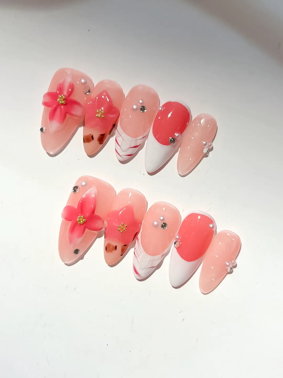 Nude Orange White Brown French tip Flower Animal Print Rhinestone press on nails detail view