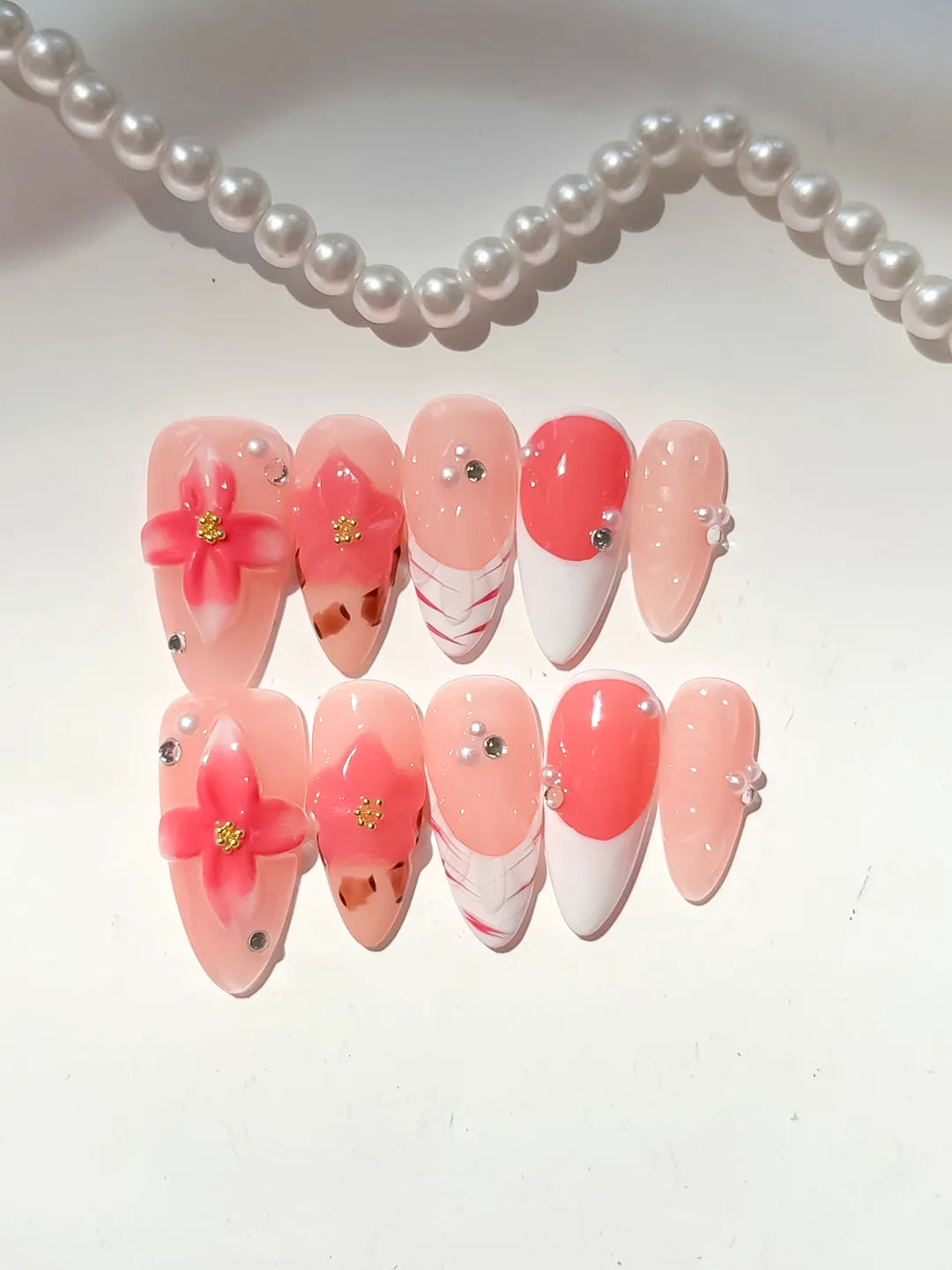 Nude Orange White Brown French tip Flower Animal Print Rhinestone press on nails detail view