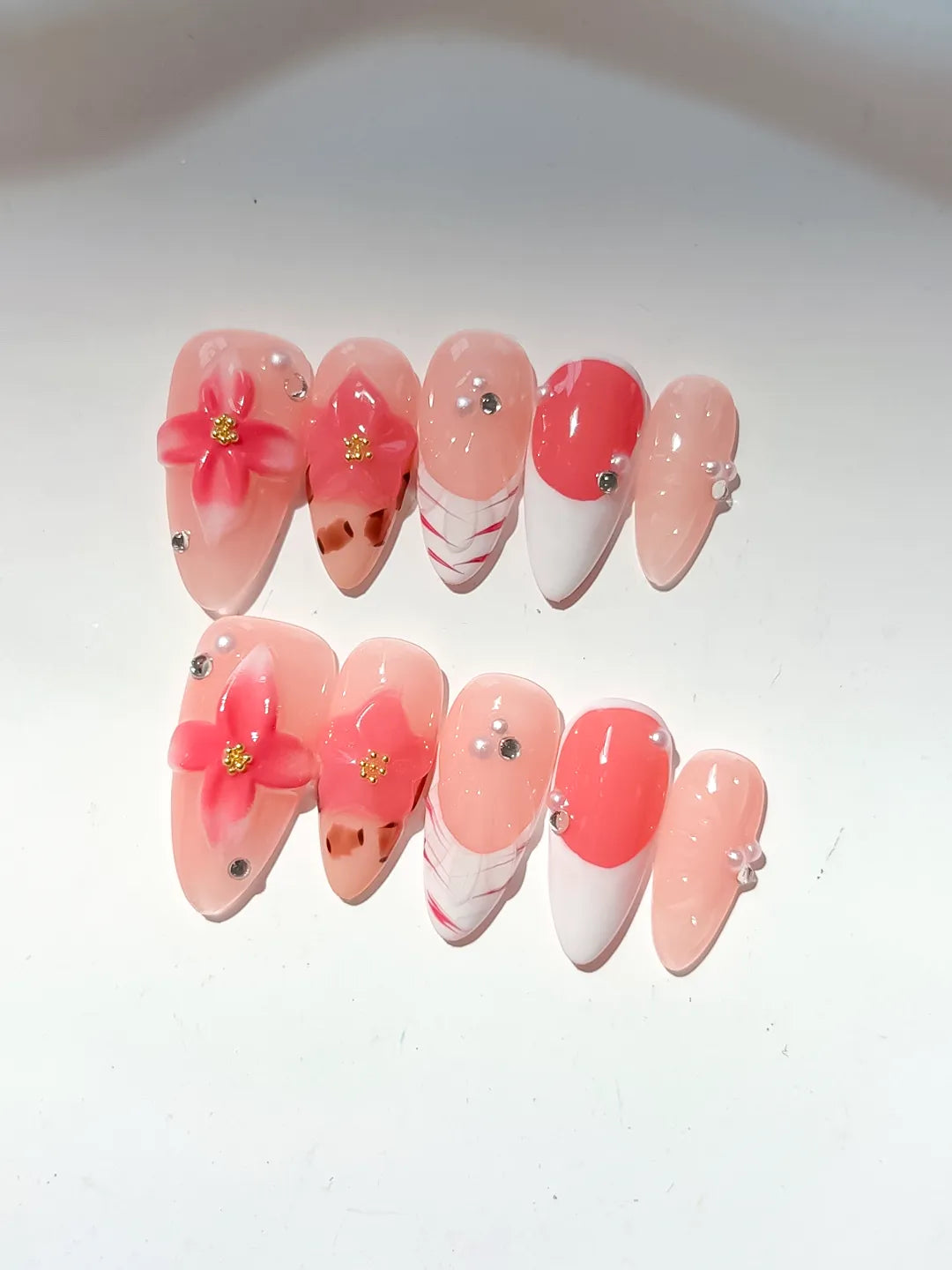 Nude Orange White Brown French tip Flower Animal Print Rhinestone press on nails detail view