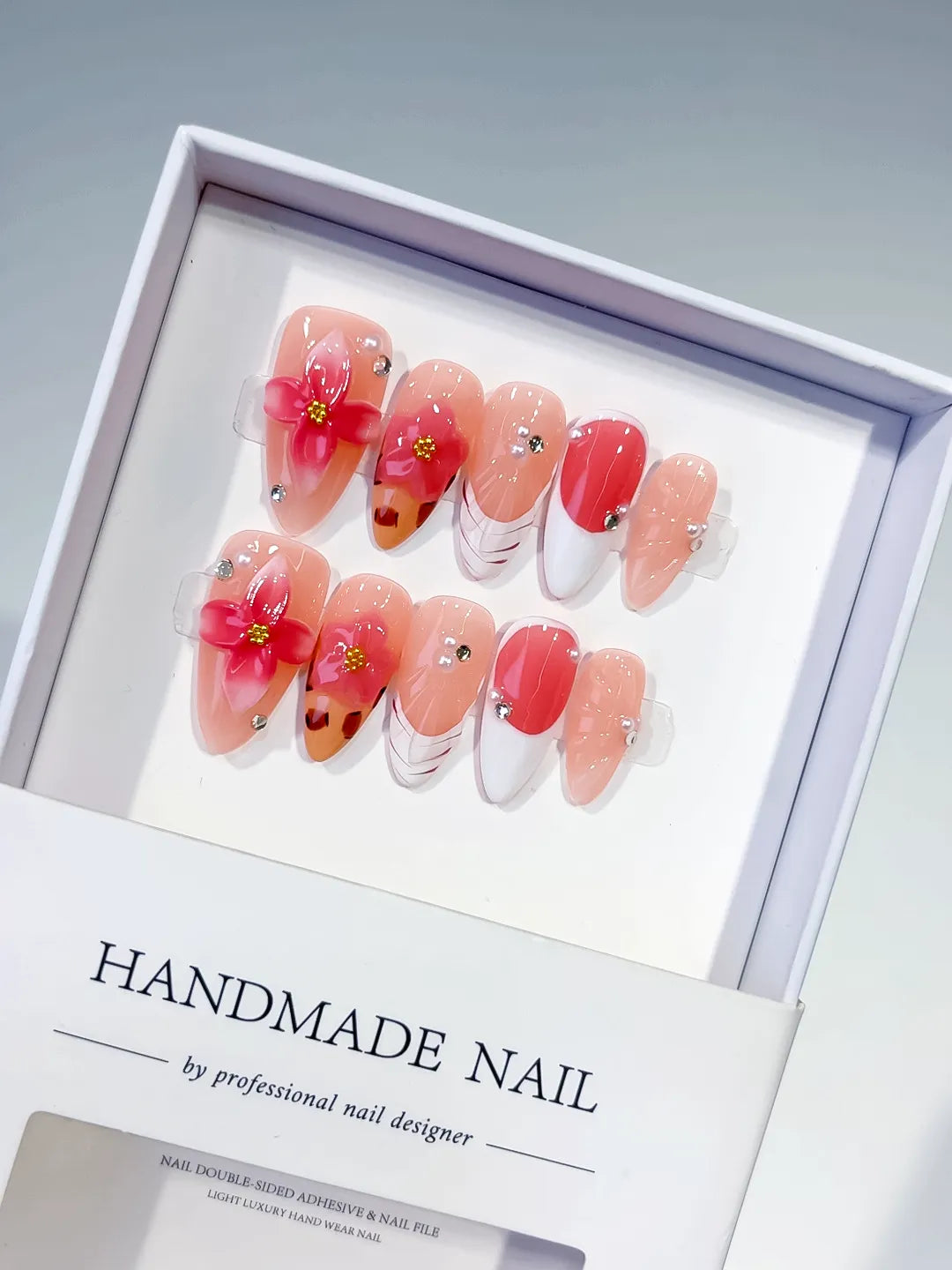 Nude Orange White Brown French tip Flower Animal Print Rhinestone press on nails