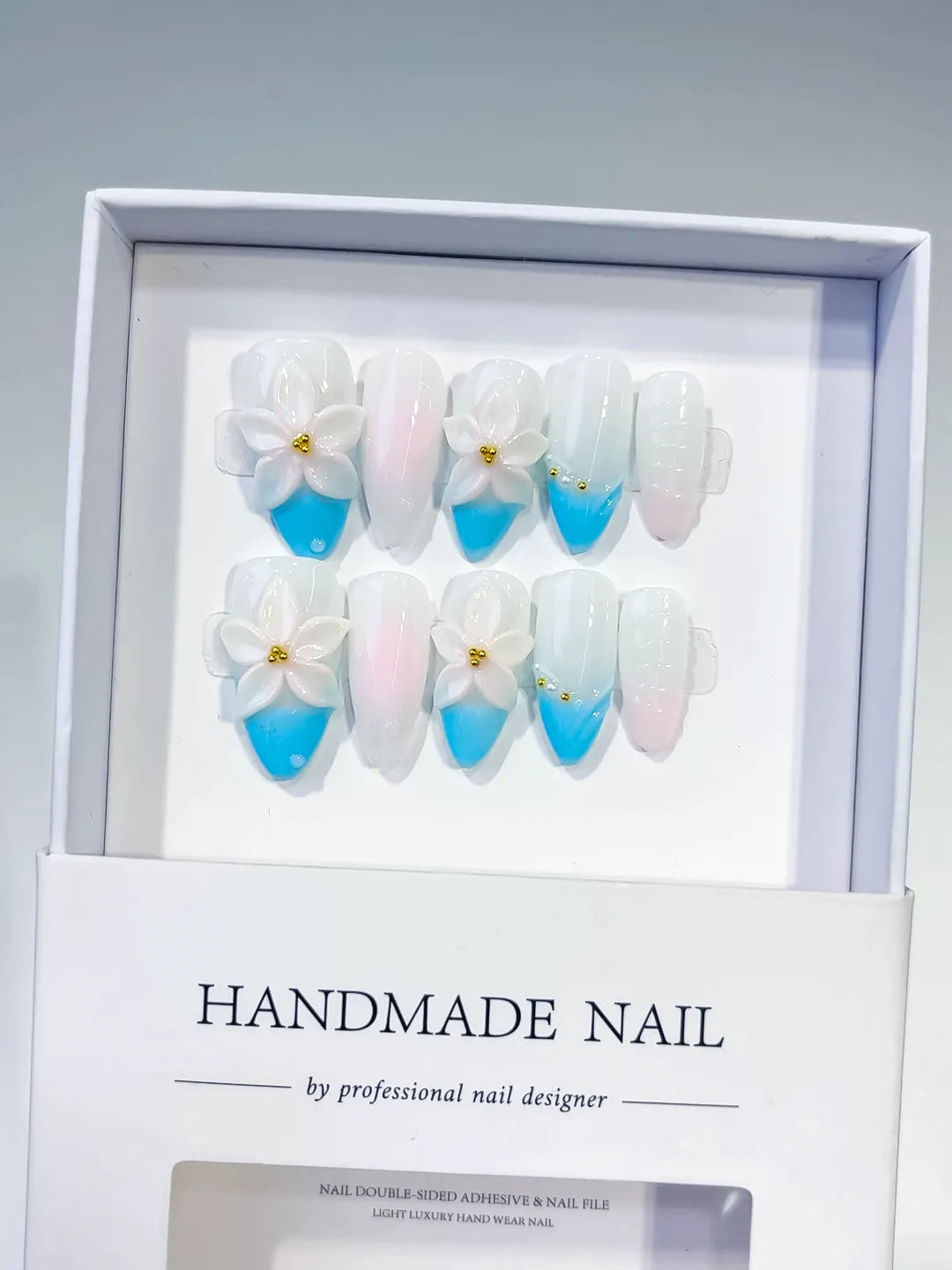 White Blue Pink French tip Flower press on nails full set view