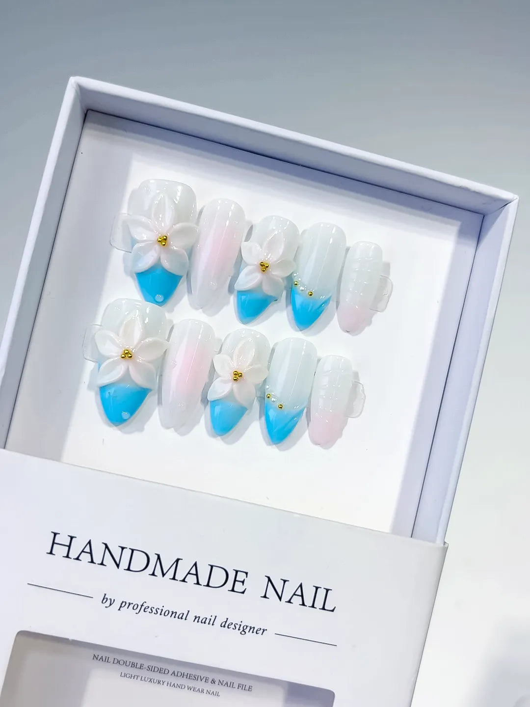 White Blue Pink French tip Flower press on nails