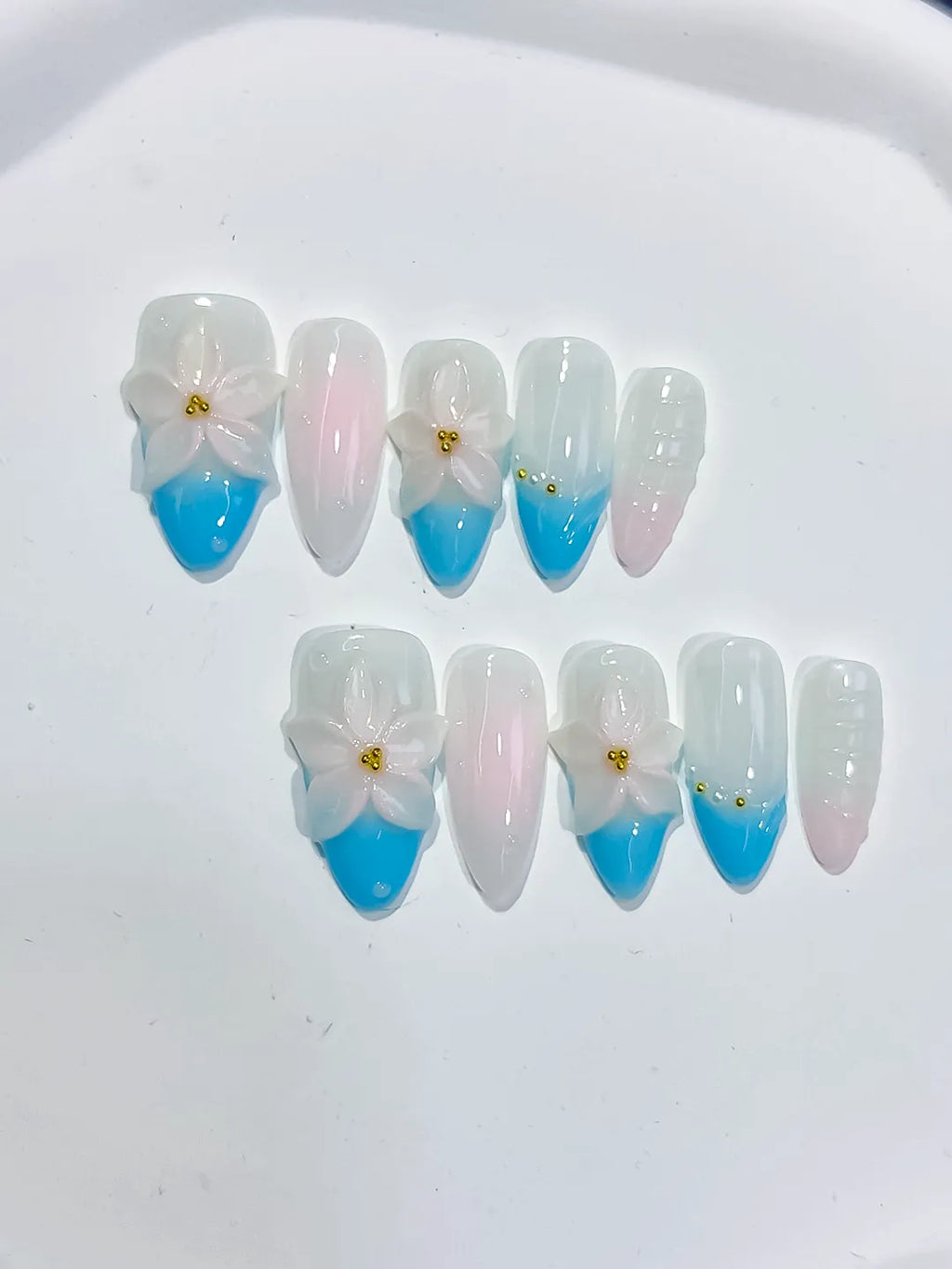 White Blue Pink French tip Flower press on nails detail view