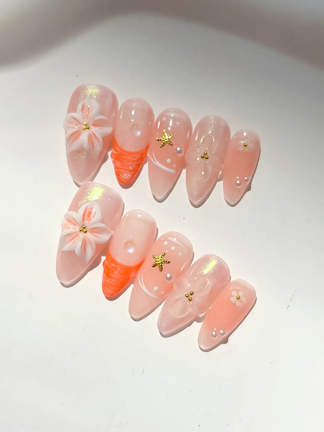 Nude Orange Silver Holographic Flower Star Dot Pattern press on nails close up