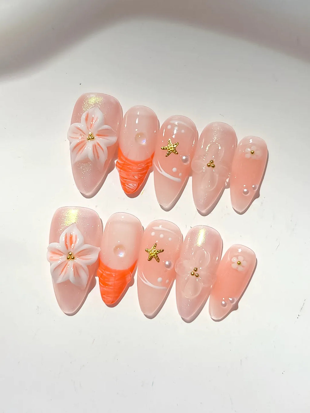 Nude Orange Silver Holographic Flower Star Dot Pattern press on nails detail view