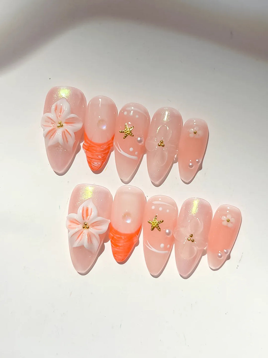 Nude Orange Silver Holographic Flower Star Dot Pattern press on nails detail view