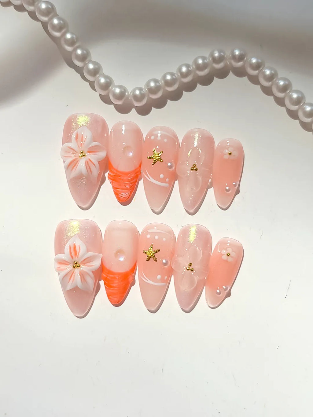 Nude Orange Silver Holographic Flower Star Dot Pattern press on nails detail view