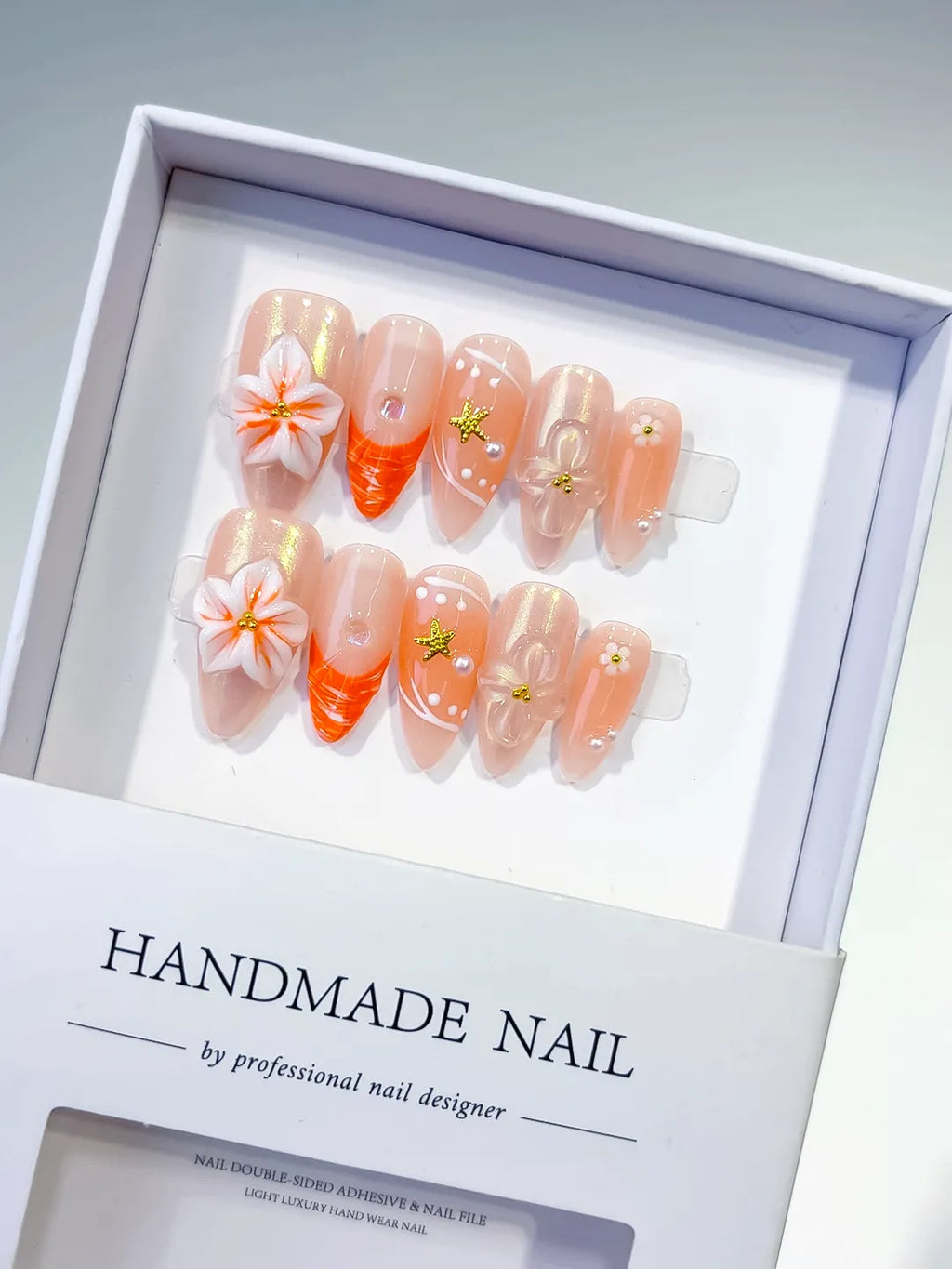 Nude Orange Silver Holographic Flower Star Dot Pattern press on nails