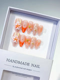 Nude Orange Silver Holographic Flower Star Dot Pattern press on nails
