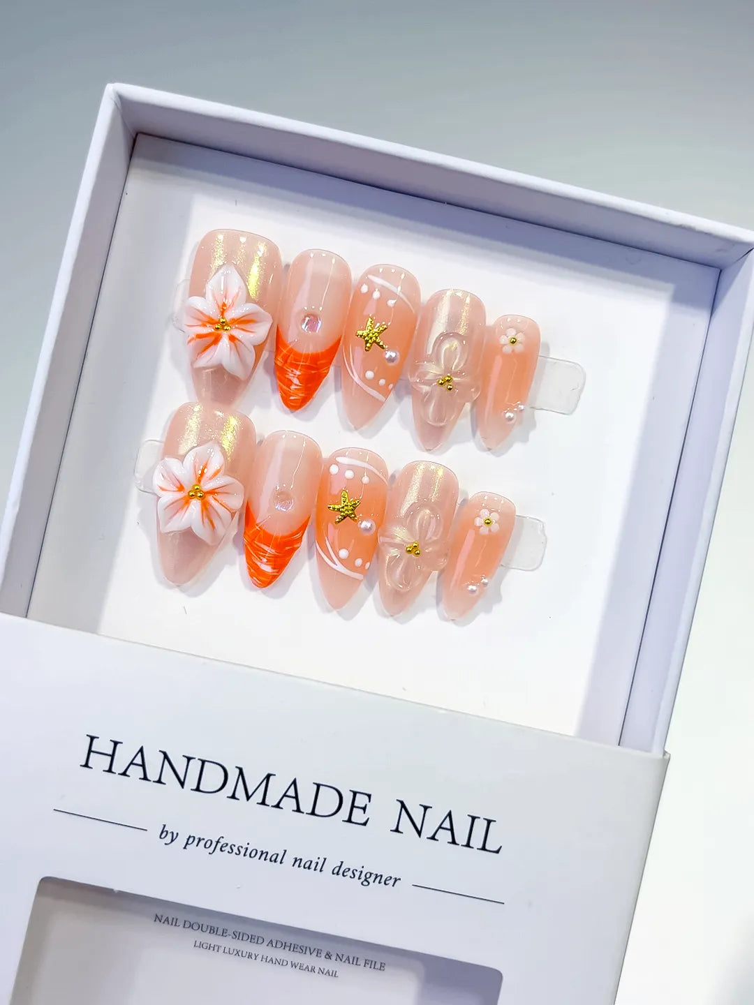 Nude Orange Silver Holographic Flower Star Dot Pattern press on nails