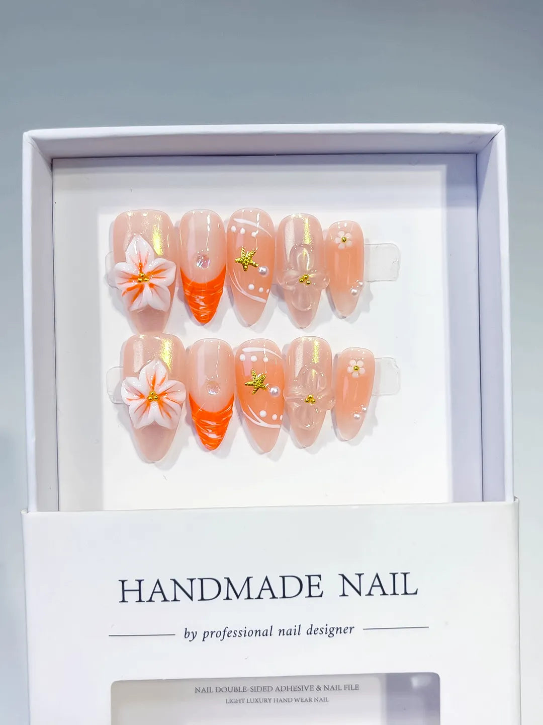 Nude Orange Silver Holographic Flower Star Dot Pattern press on nails full set view