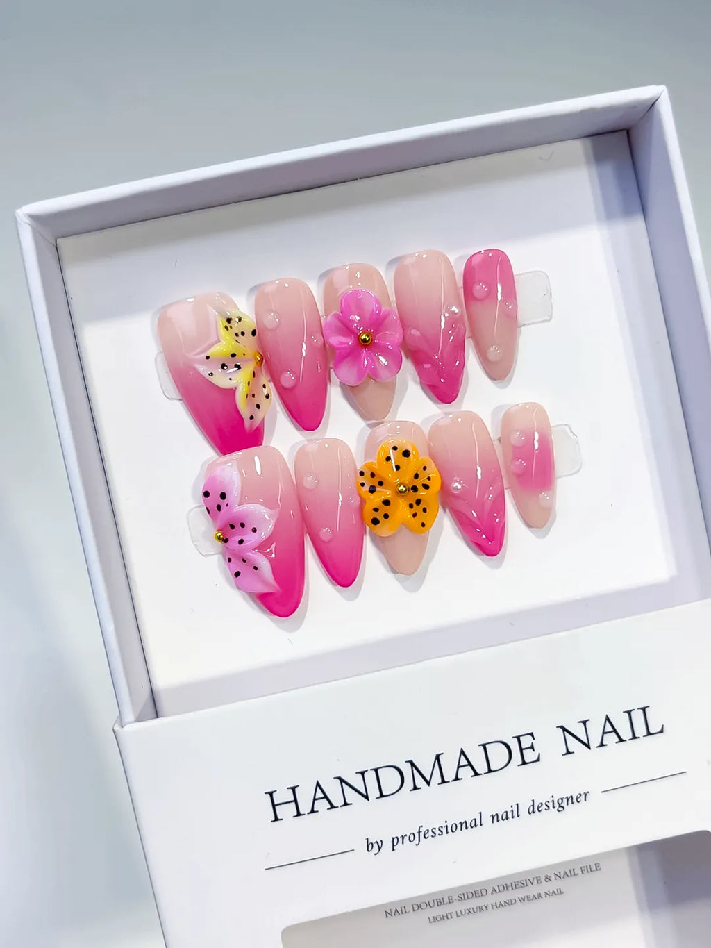 Pink Yellow Ombre Flower Dot Pattern press on nails angled view