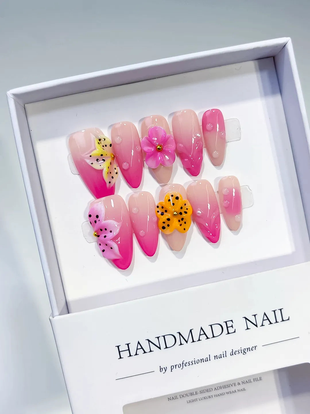 Pink Yellow Ombre Flower Dot Pattern press on nails angled view