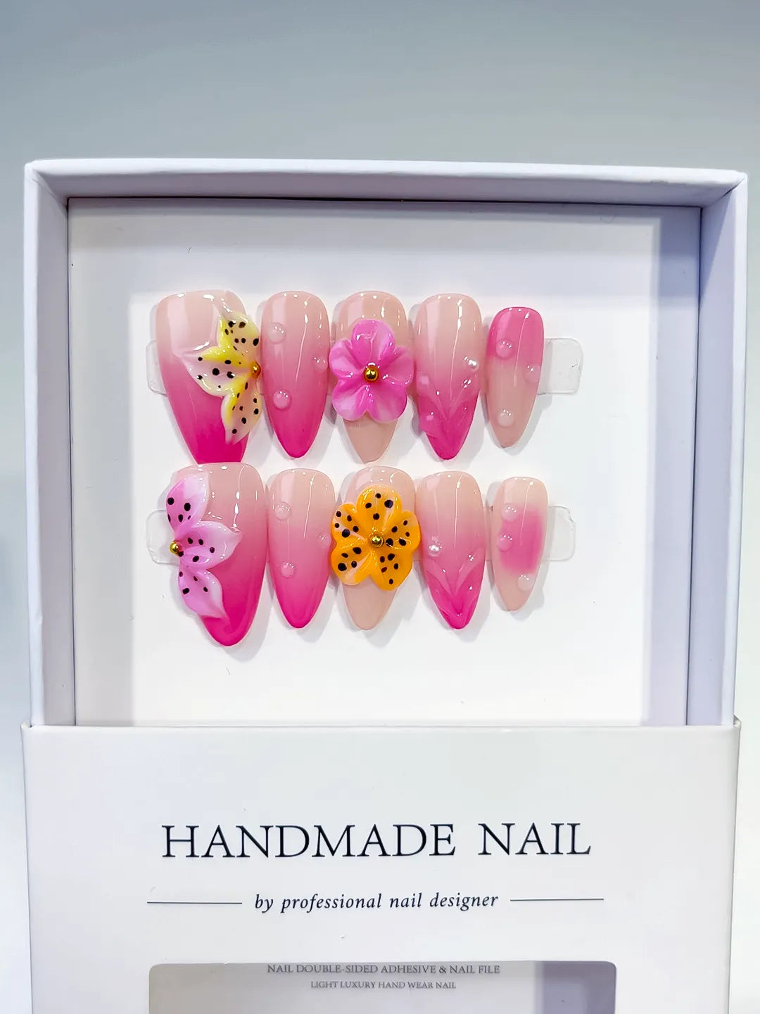 Pink Yellow Ombre Flower Dot Pattern press on nails full set view
