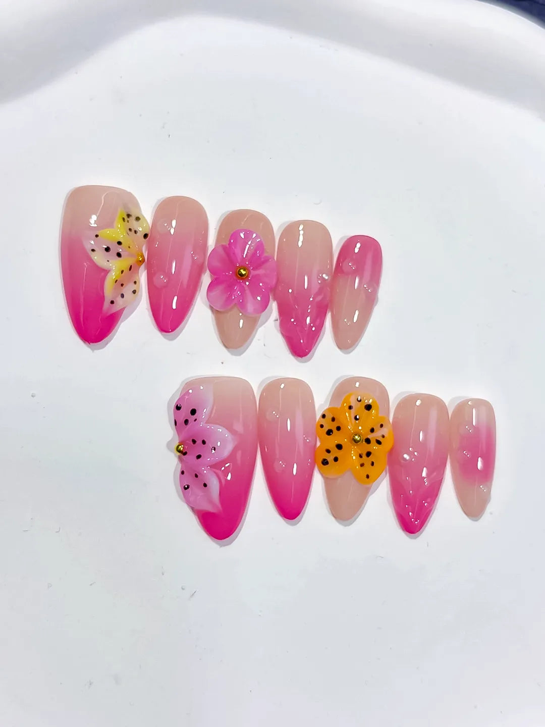 Pink Yellow Ombre Flower Dot Pattern press on nails detail view