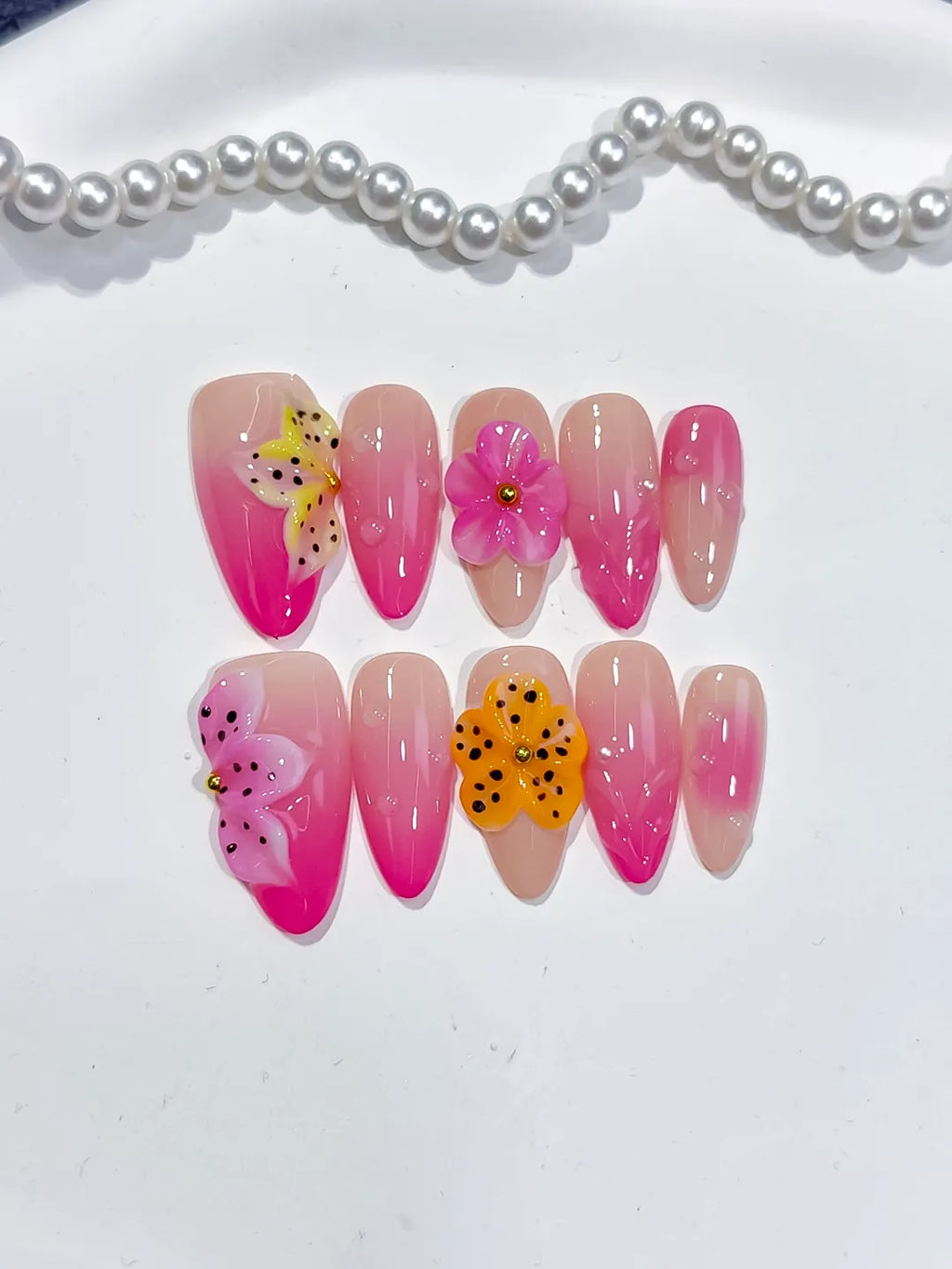 Pink Yellow Ombre Flower Dot Pattern press on nails close up