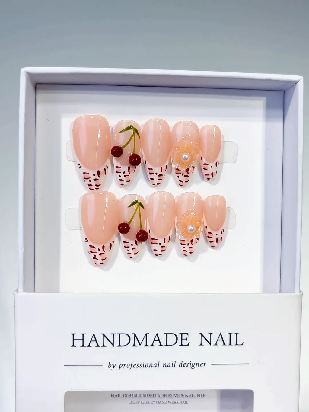 Nude White Red French tip Cherry Animal Print press on nails full set view