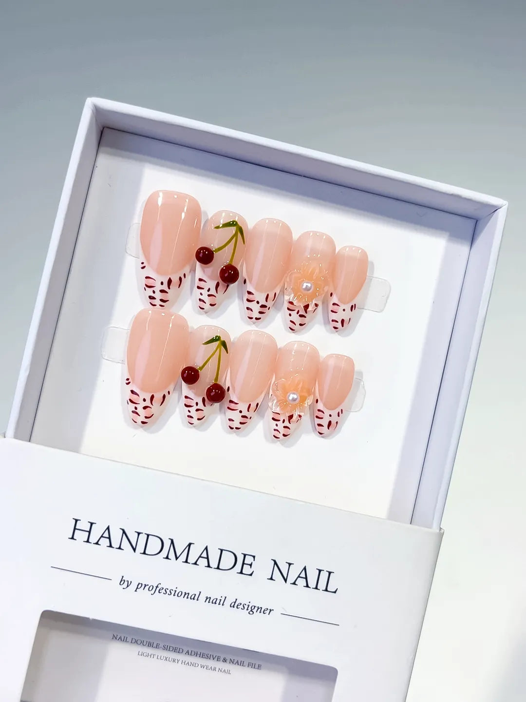 Nude White Red French tip Cherry Animal Print press on nails
