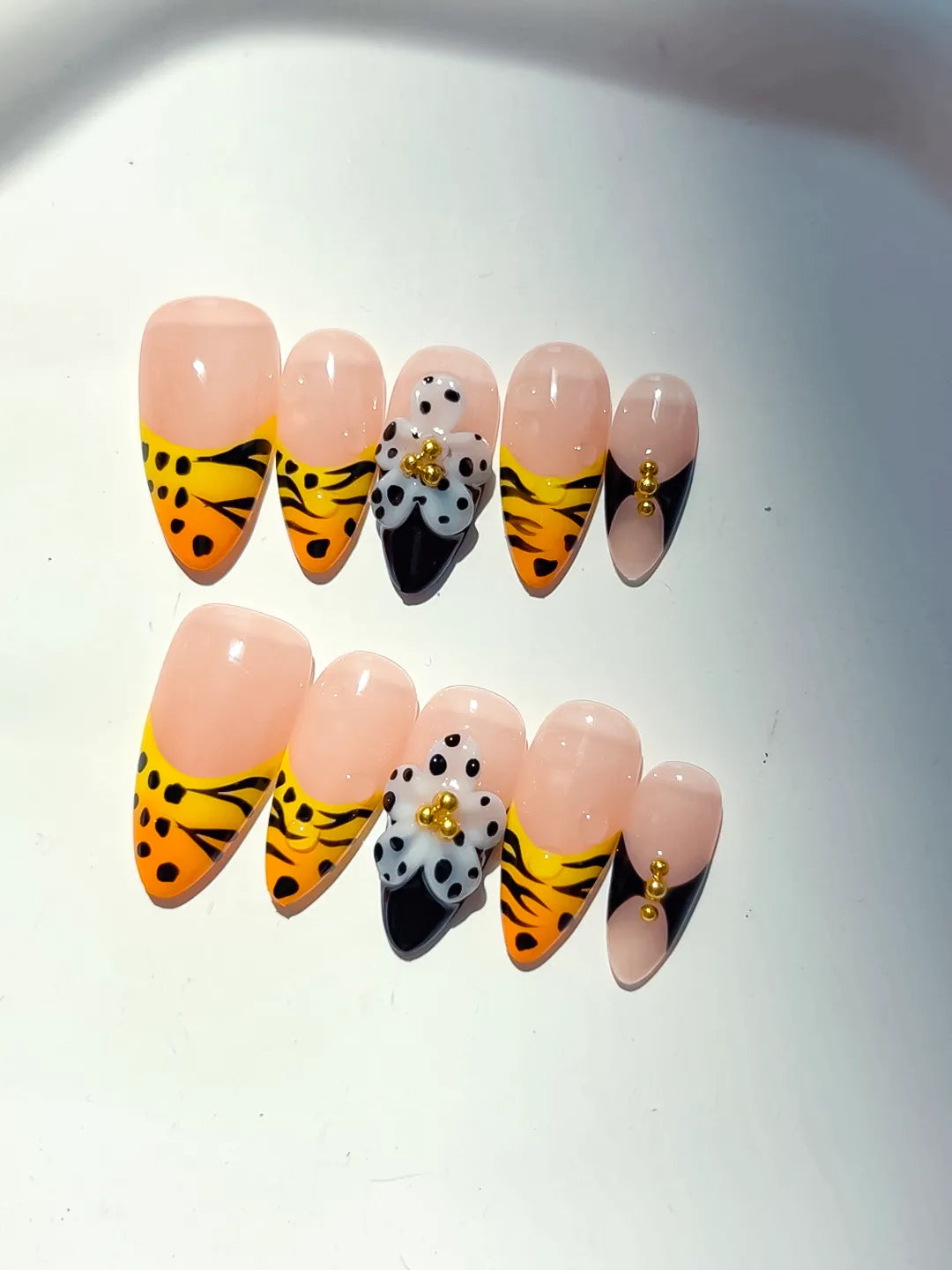 Nude Yellow Black French tip Flower Animal Print Metallic Charm press on nails close up