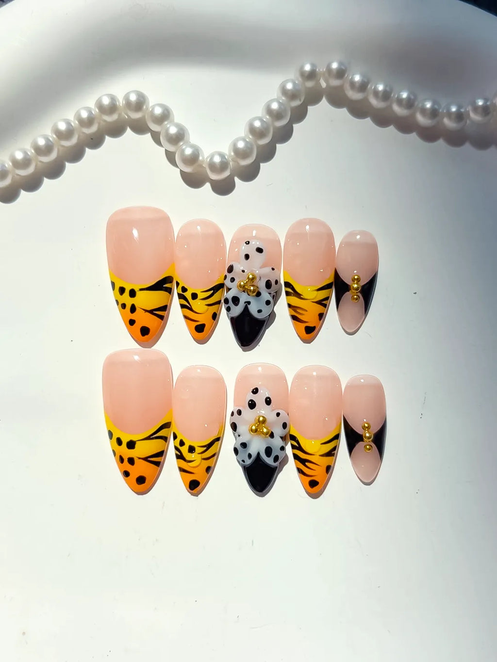 Nude Yellow Black French tip Flower Animal Print Metallic Charm press on nails detail view