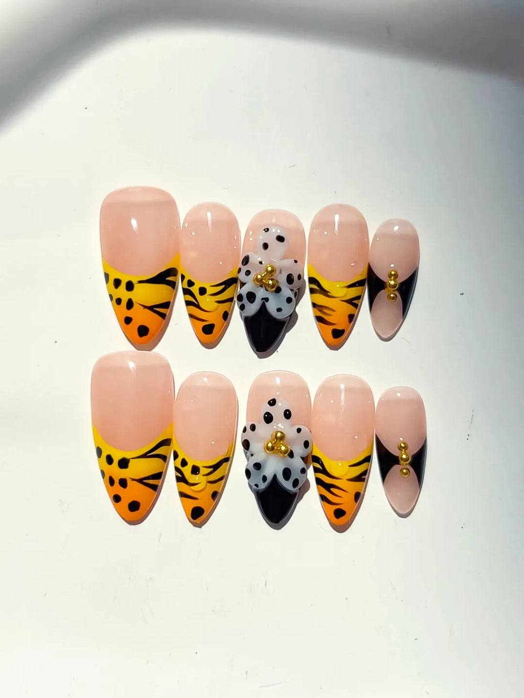 Nude Yellow Black French tip Flower Animal Print Metallic Charm press on nails detail view