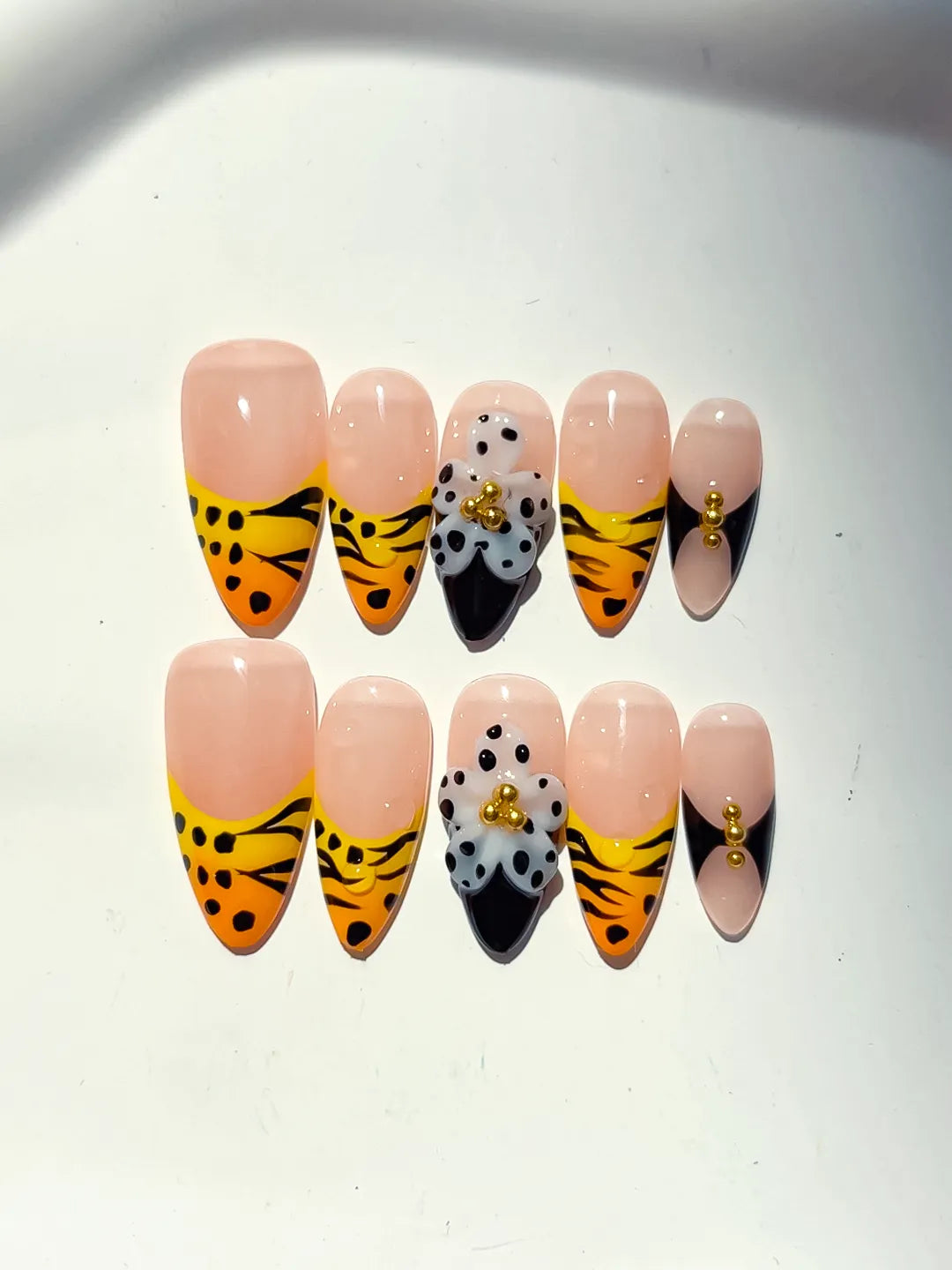 Nude Yellow Black French tip Flower Animal Print Metallic Charm press on nails detail view