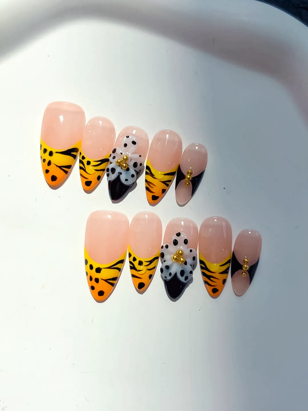 Nude Yellow Black French tip Flower Animal Print Metallic Charm press on nails detail view