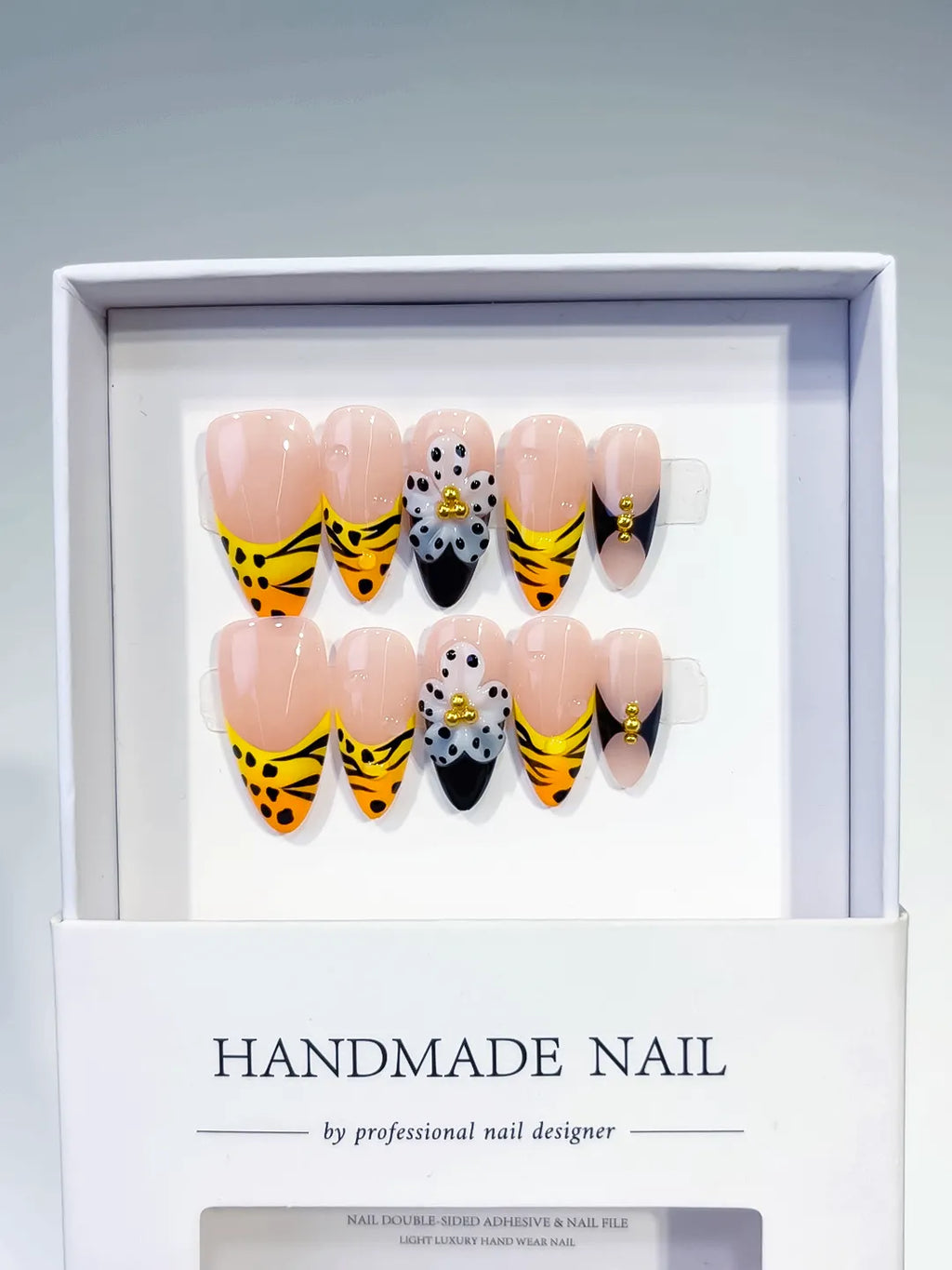Nude Yellow Black French tip Flower Animal Print Metallic Charm press on nails full set view