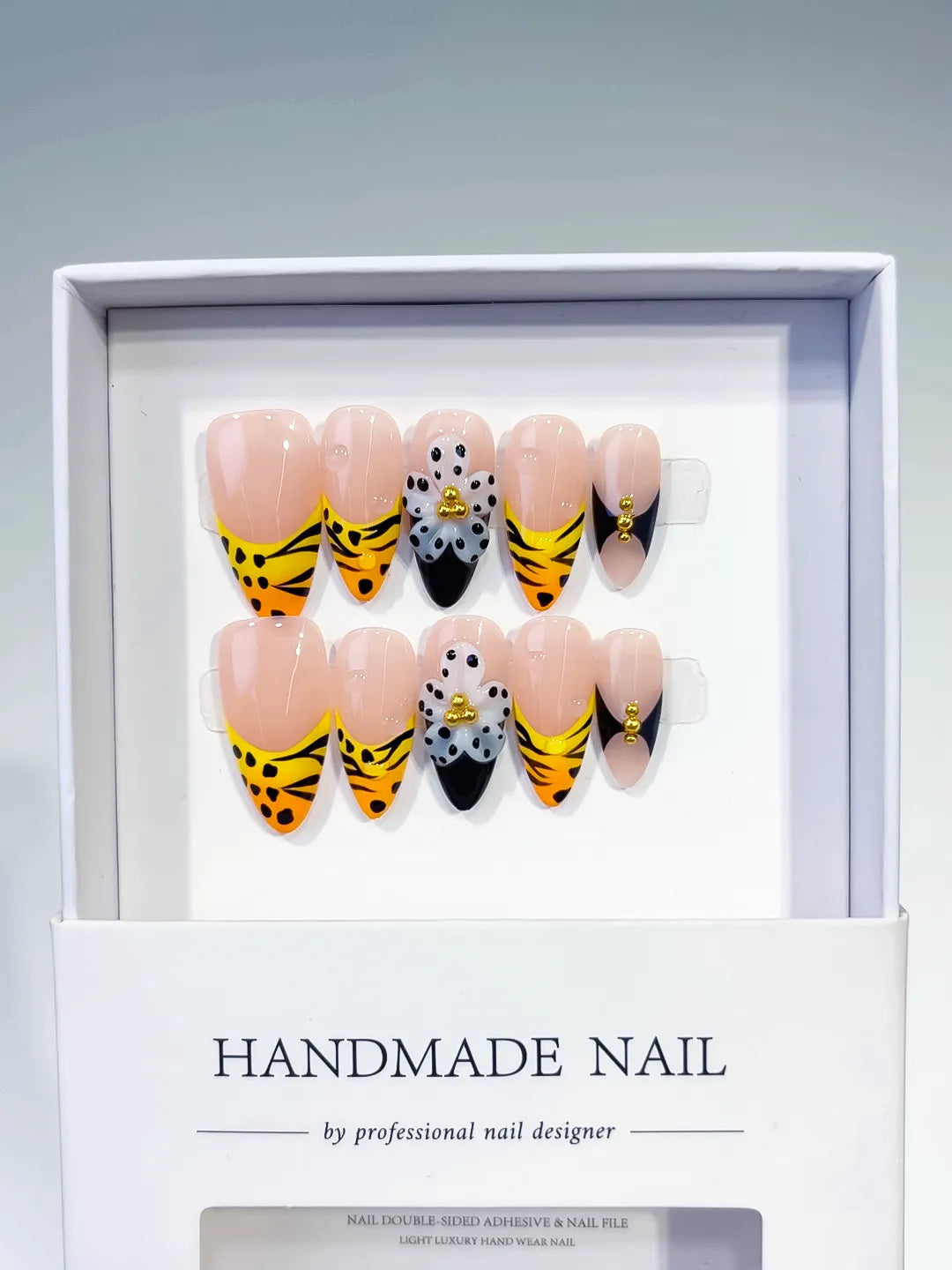 Nude Yellow Black French tip Flower Animal Print Metallic Charm press on nails full set view