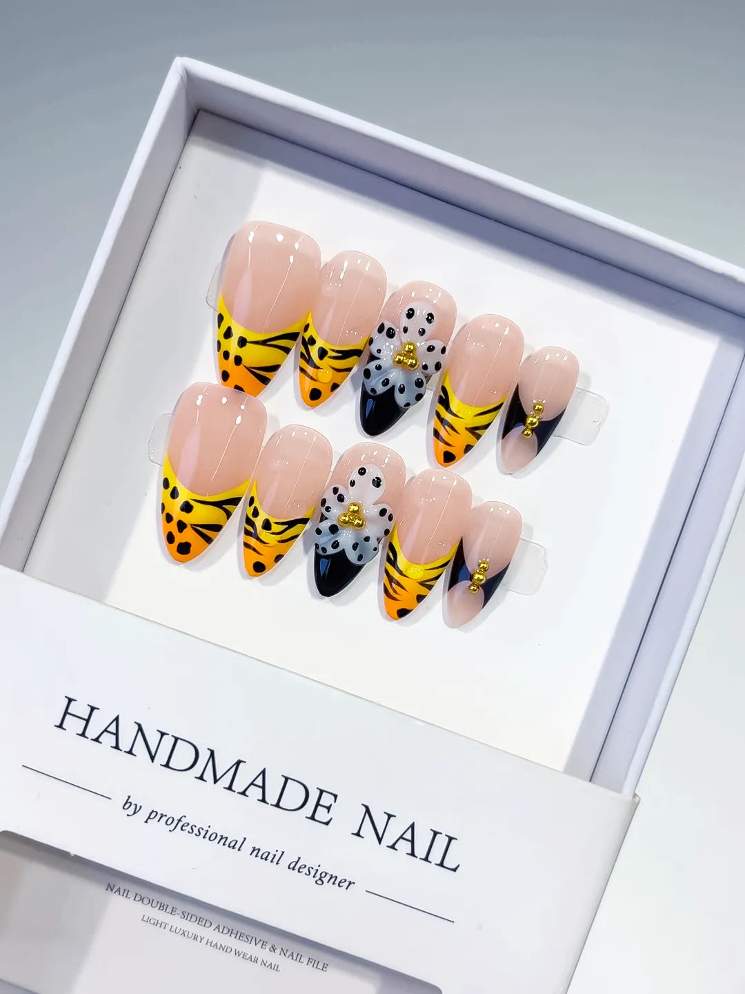 Nude Yellow Black French tip Flower Animal Print Metallic Charm press on nails
