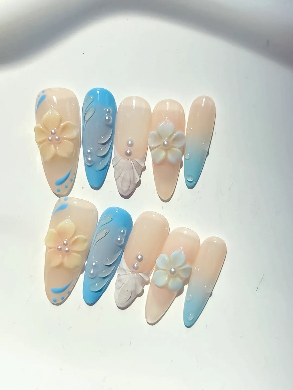 Nude Blue White French tip Flower Rhinestone press on nails close up