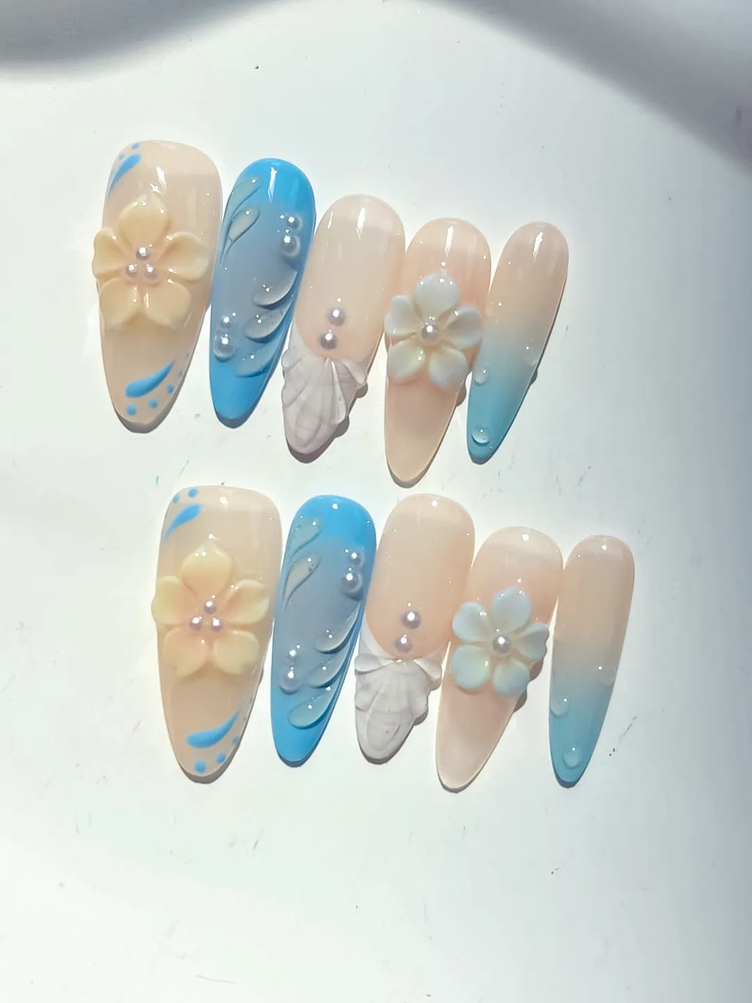 Nude Blue White French tip Flower Rhinestone press on nails detail view
