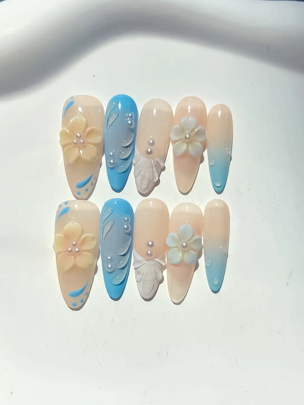 Nude Blue White French tip Flower Rhinestone press on nails detail view