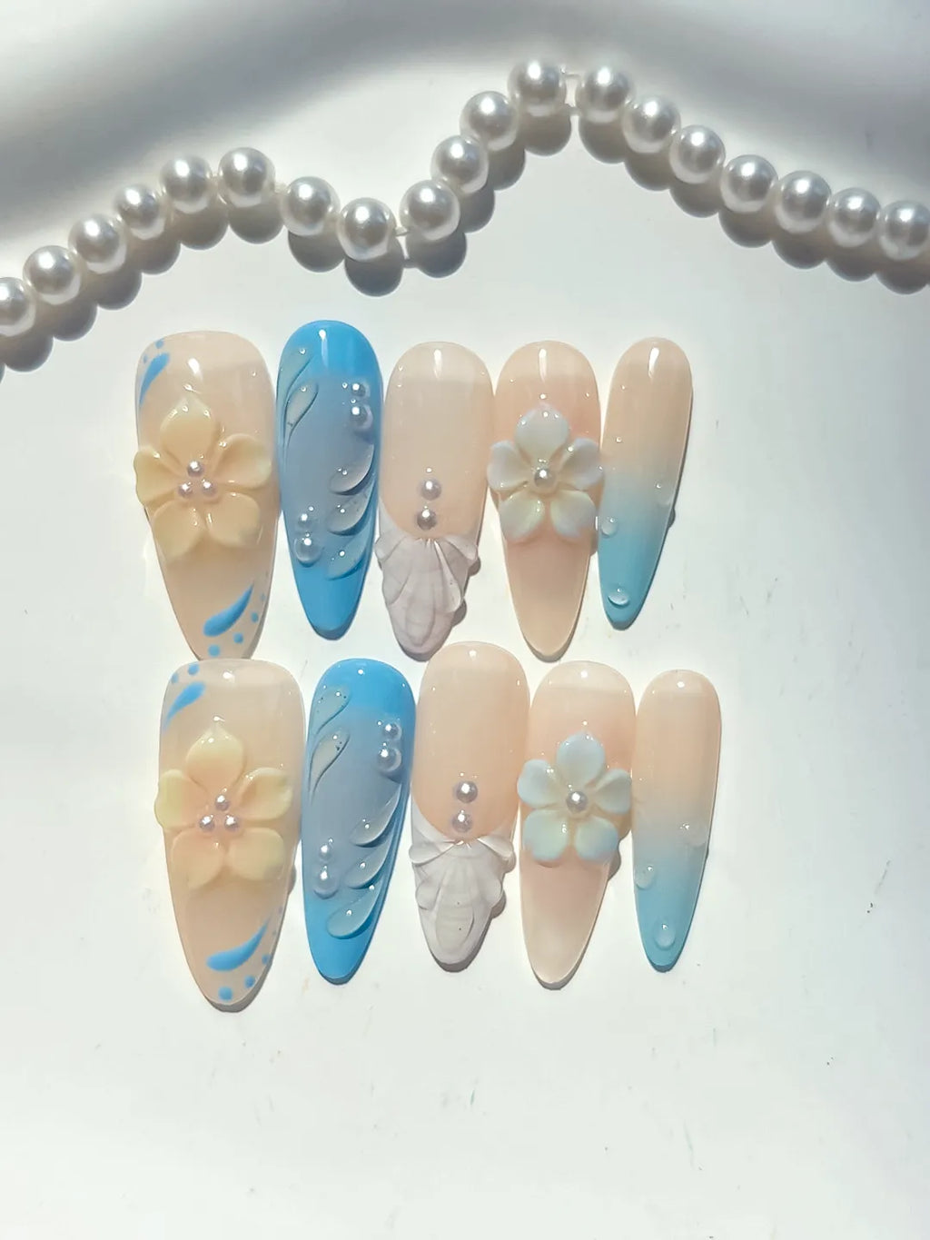 Nude Blue White French tip Flower Rhinestone press on nails detail view