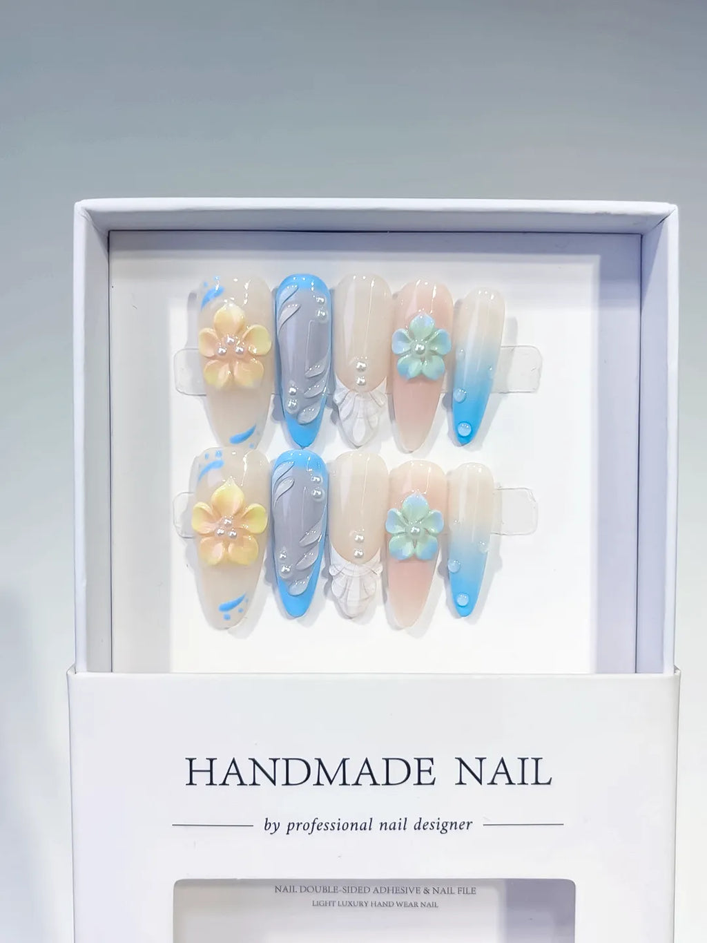 Nude Blue White French tip Flower Rhinestone press on nails full set view