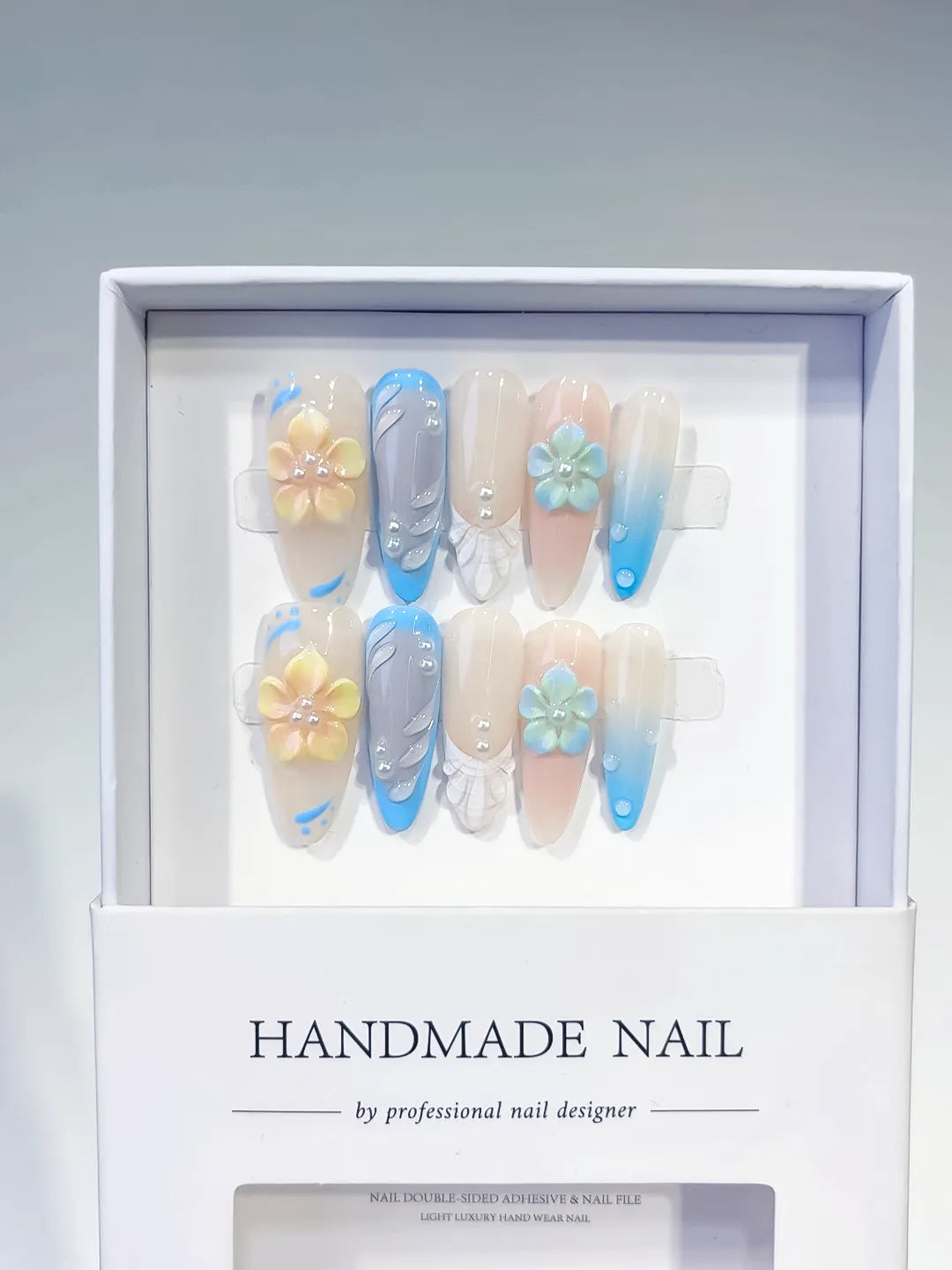 Nude Blue White French tip Flower Rhinestone press on nails full set view