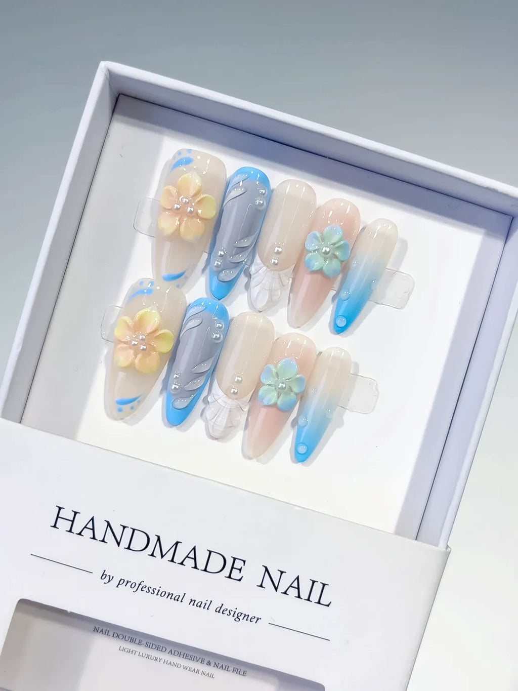 Nude Blue White French tip Flower Rhinestone press on nails