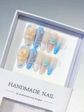Nude Blue White French tip Flower Rhinestone press on nails