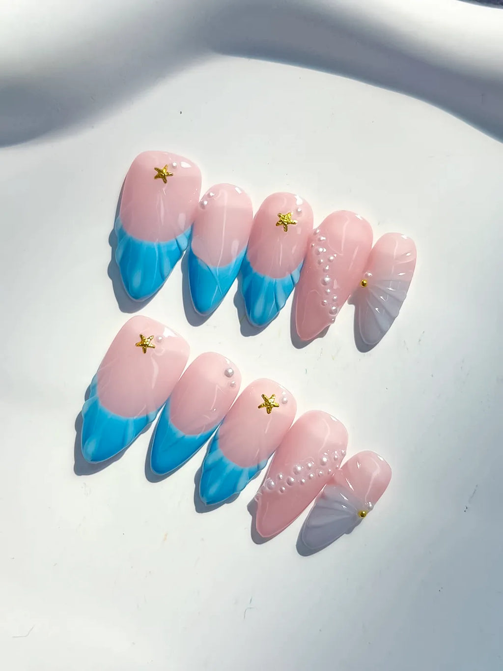 Pink Blue Silver Ombre Star Shell press on nails detail view