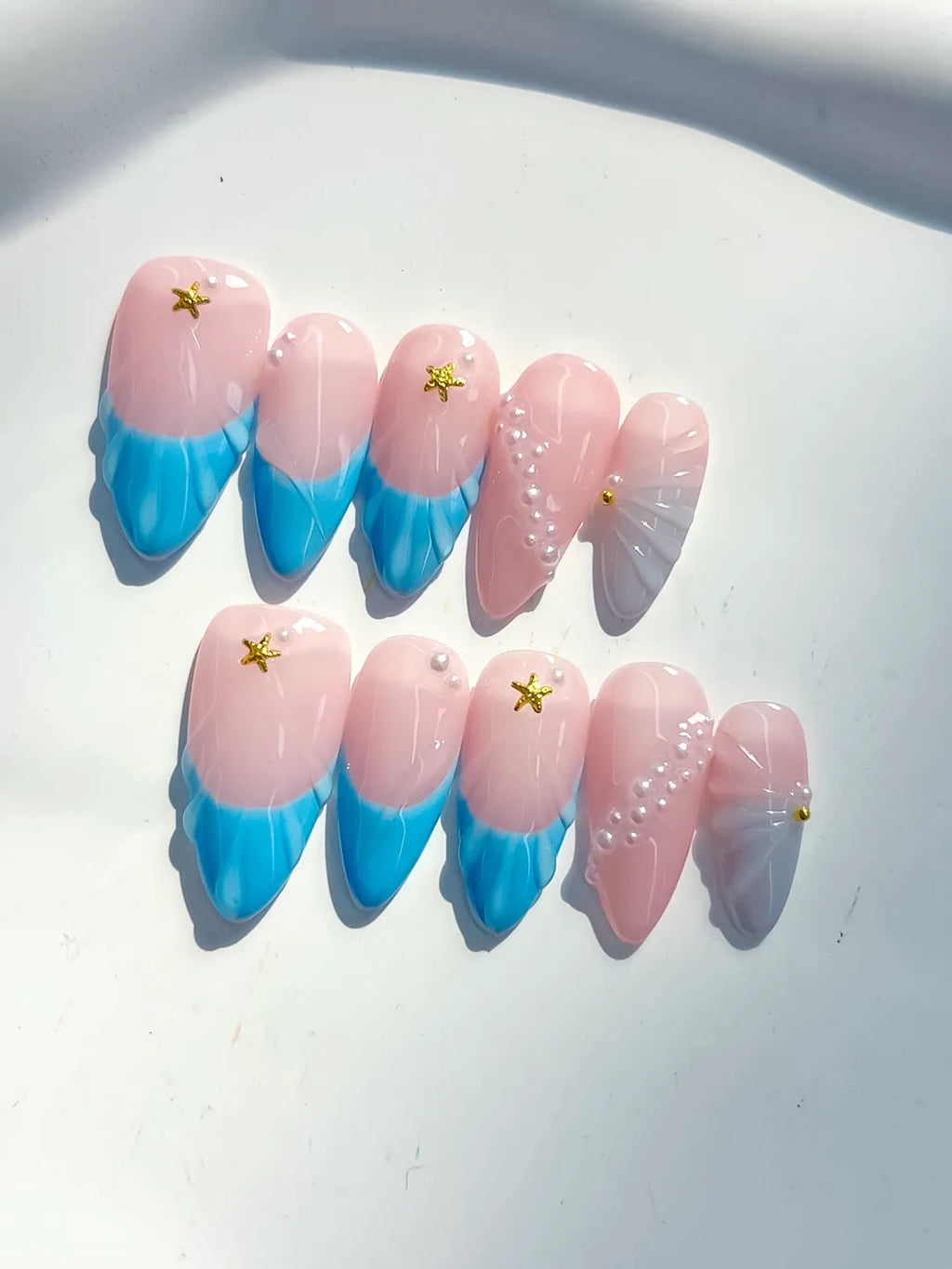 Pink Blue Silver Ombre Star Shell press on nails detail view