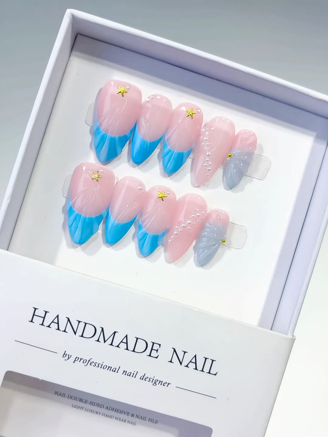 Pink Blue Silver Ombre Star Shell press on nails