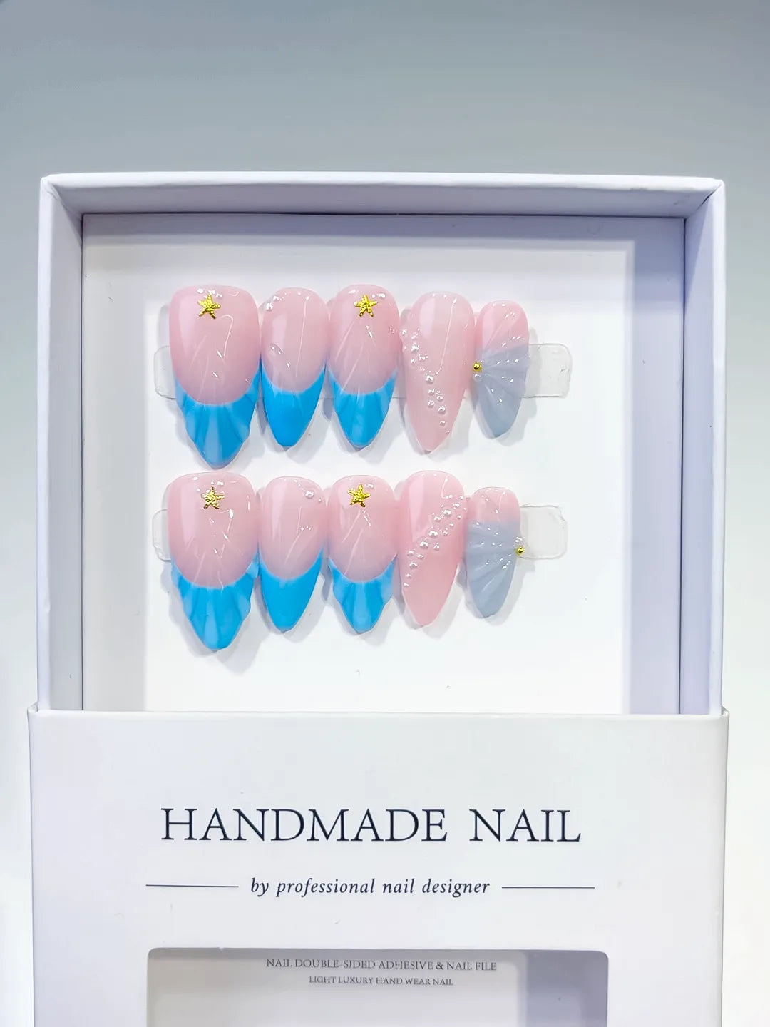 Pink Blue Silver Ombre Star Shell press on nails full set view