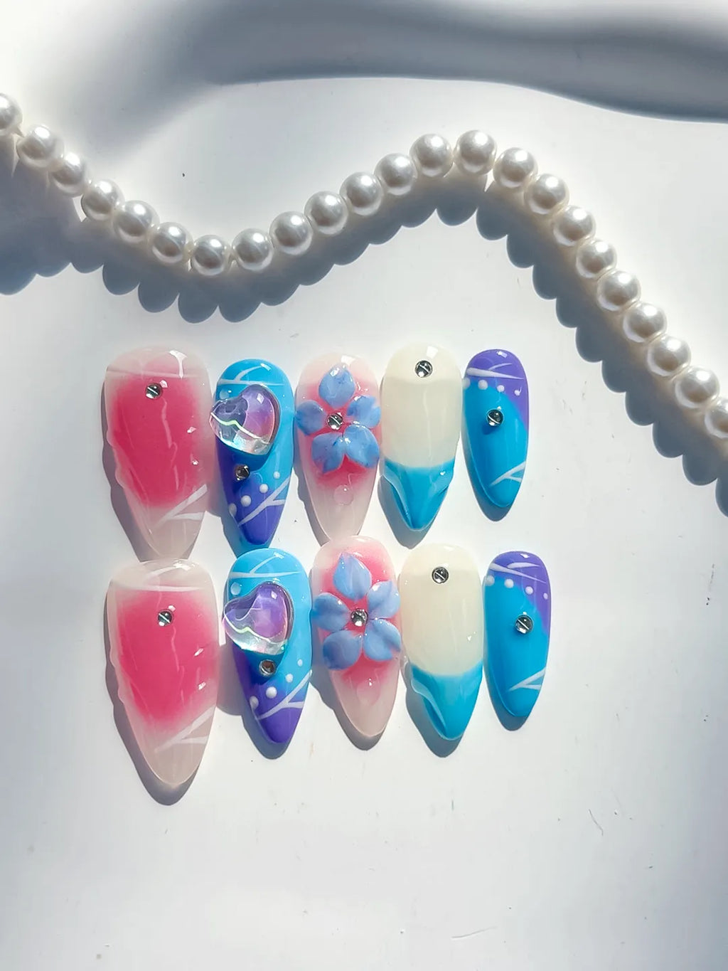Pink Blue White Purple Abstract Heart Flower Rhinestone press on nails close up