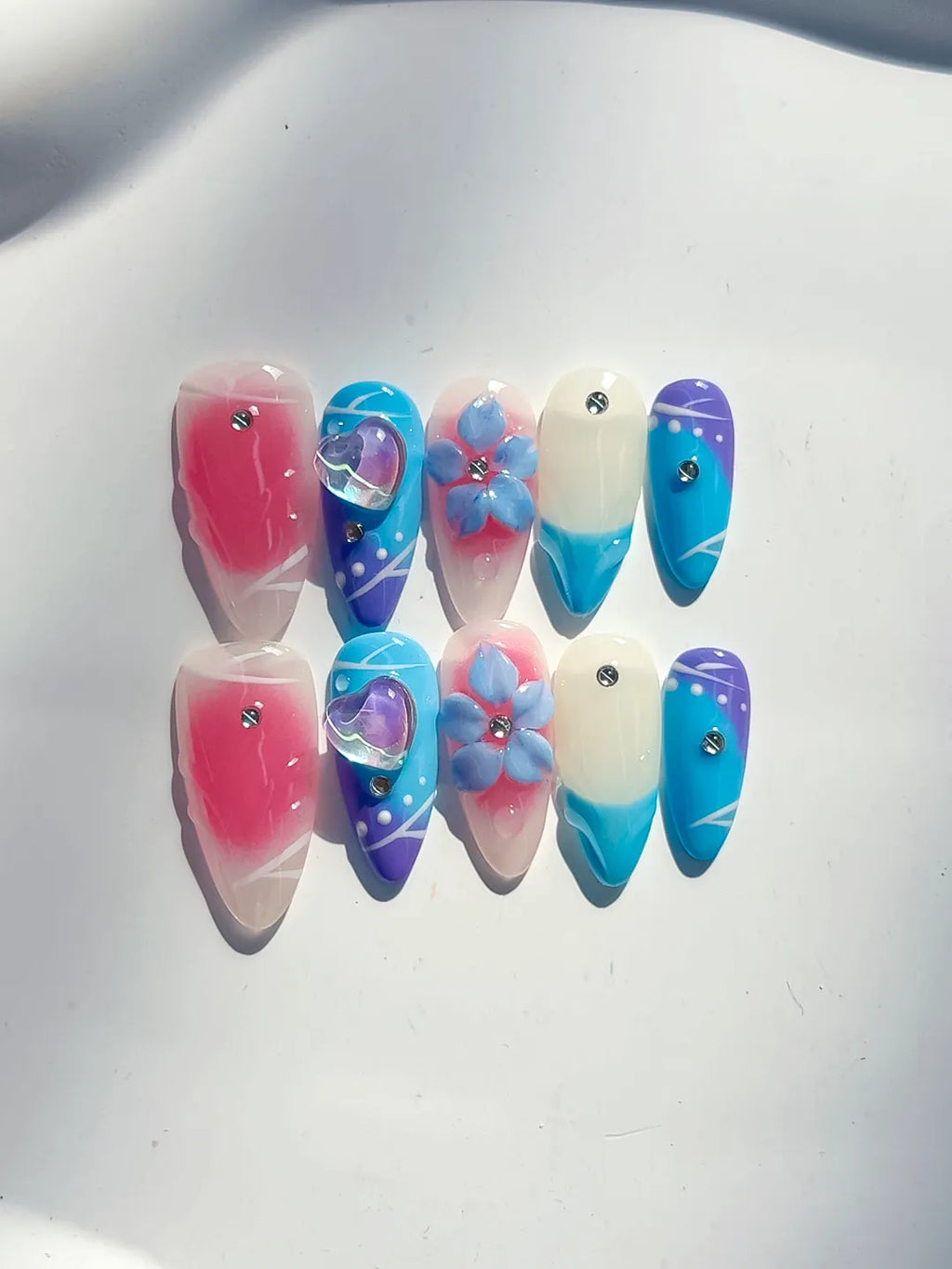 Pink Blue White Purple Abstract Heart Flower Rhinestone press on nails detail view
