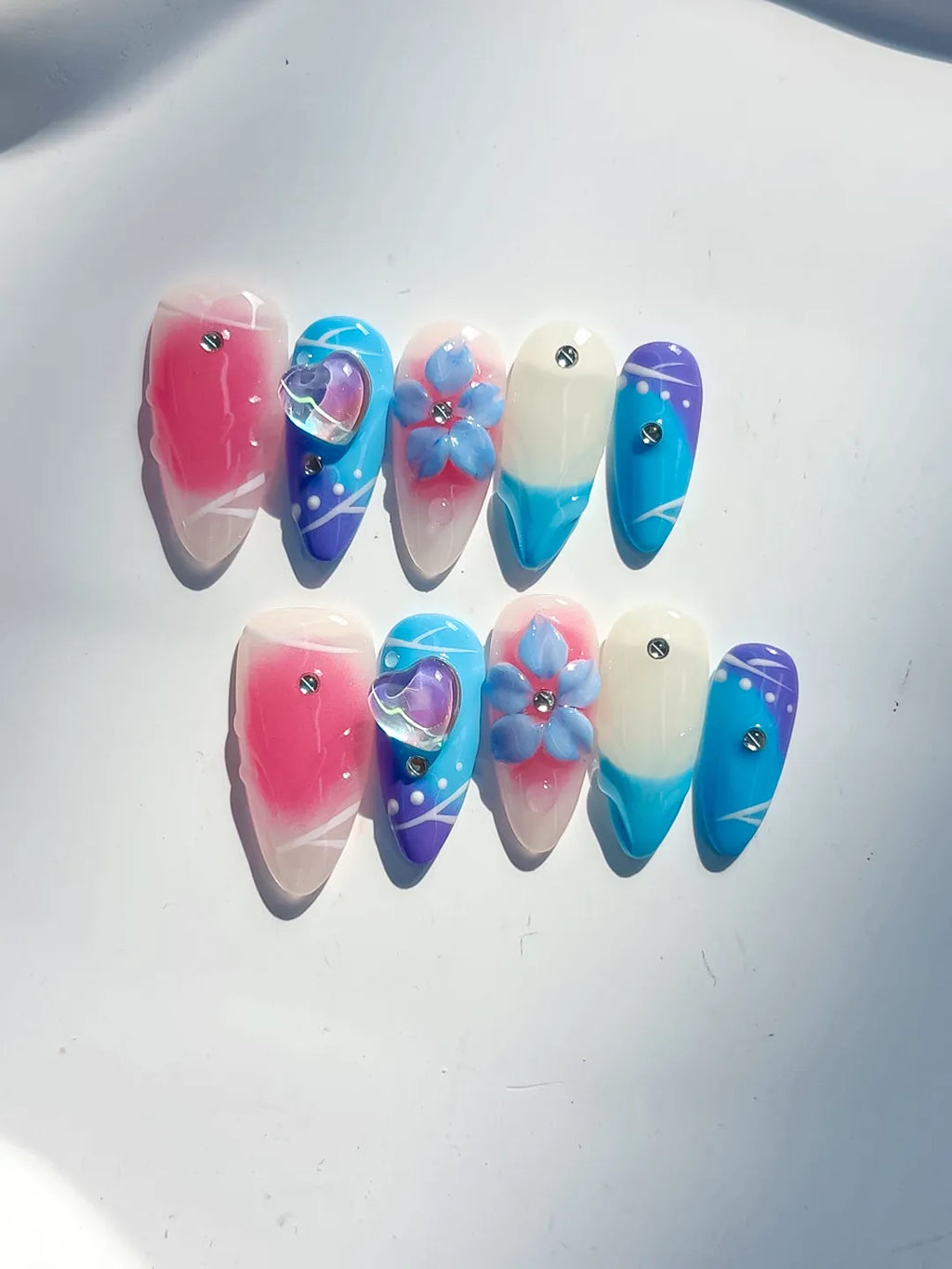 Pink Blue White Purple Abstract Heart Flower Rhinestone press on nails detail view