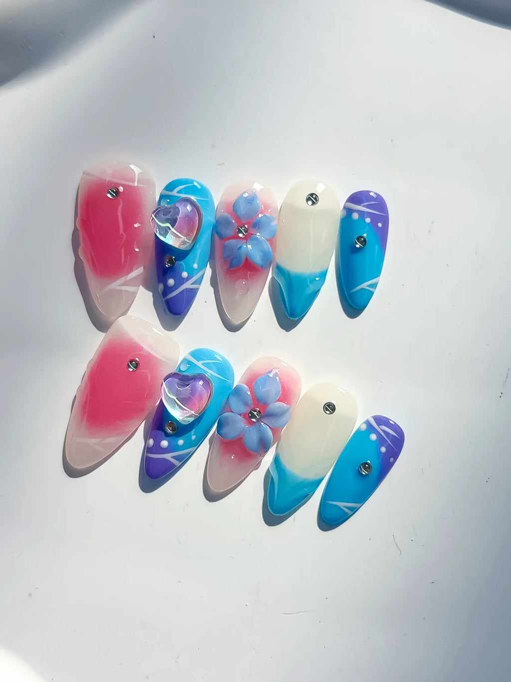 Pink Blue White Purple Abstract Heart Flower Rhinestone press on nails detail view